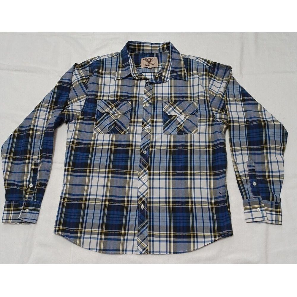 American Heritage Mens XL Plaid Button Down Shirt Blue White‎ Yellow Long Sleeve